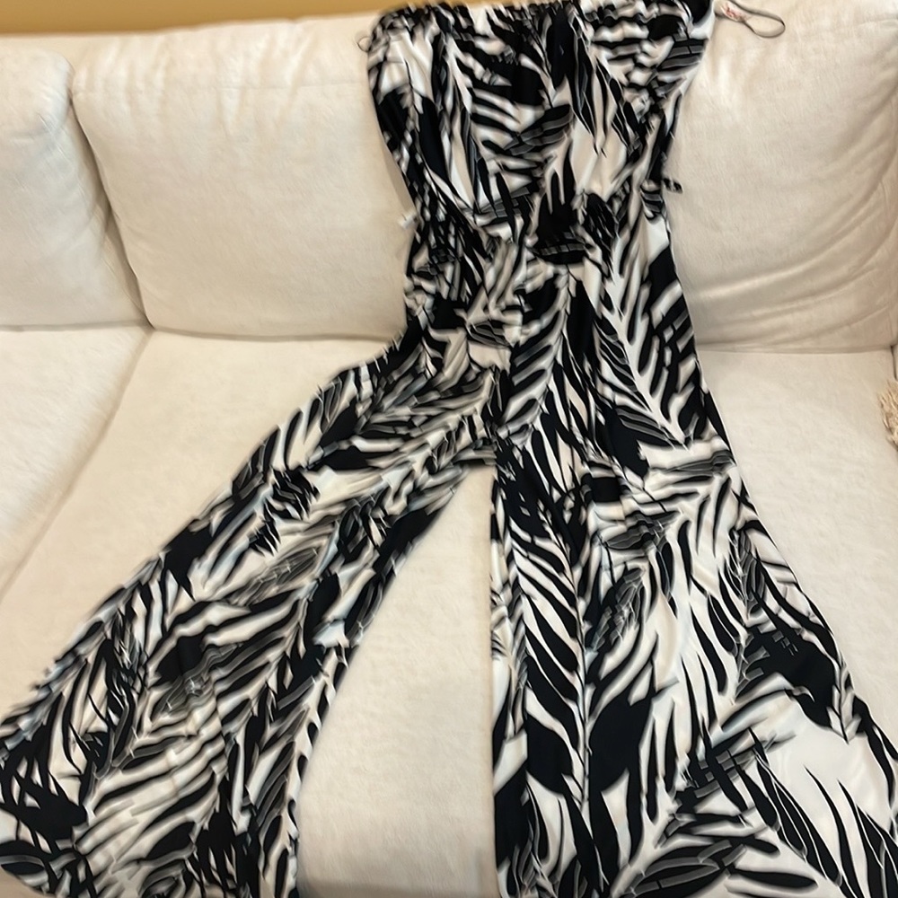 Strapless black and white full legged romper